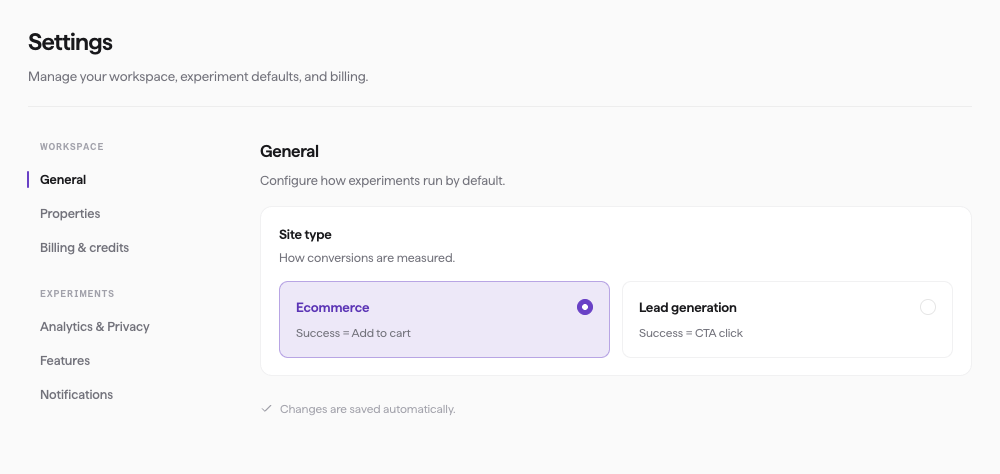 The Settings page, with its sections — General, Properties, Billing & credits, Analytics & Privacy, Features, Notifications — in a left rail and the General section open